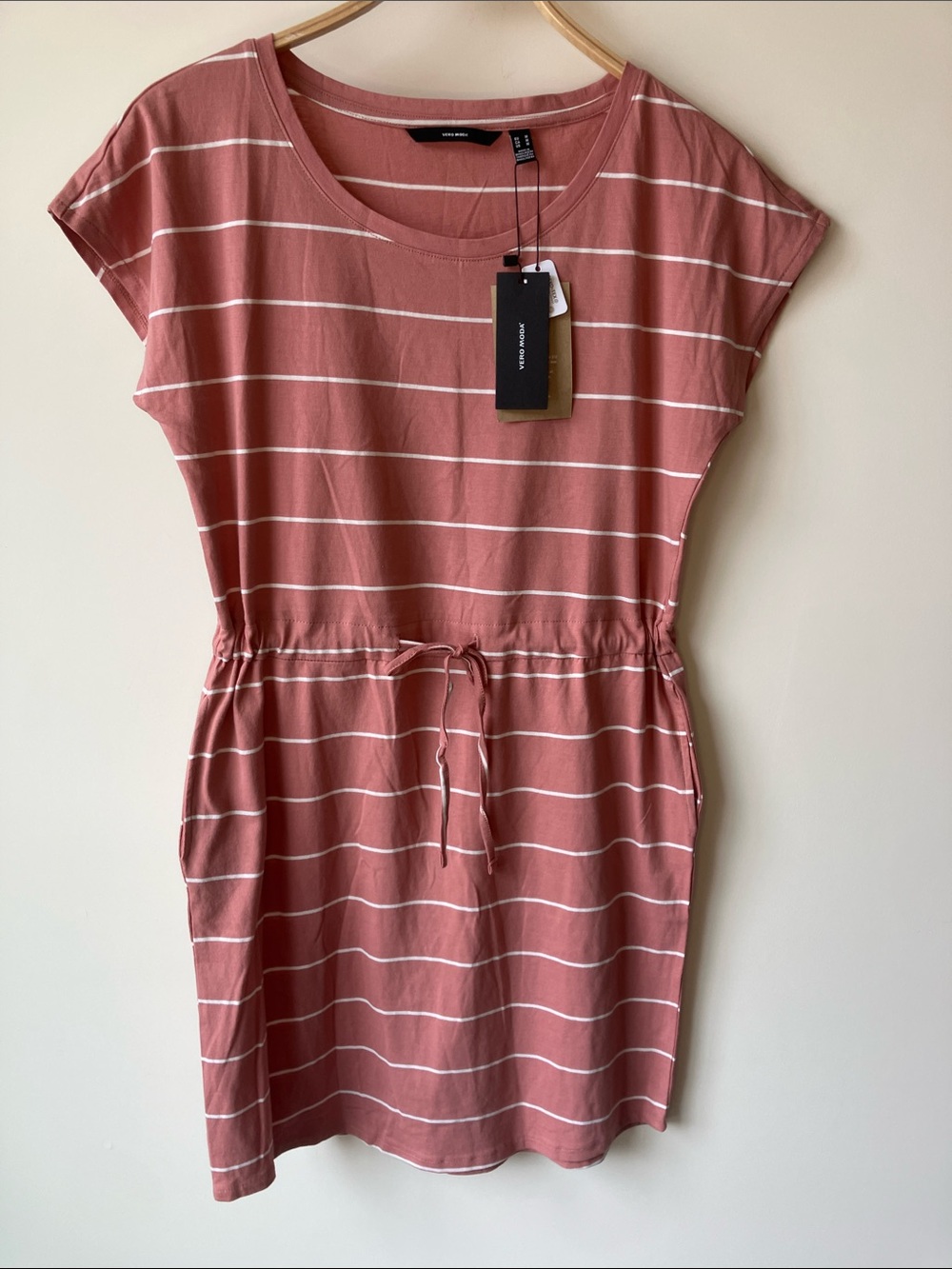 VERO MODA Old Dusty Rose Striped Drawstring Tee Cotton Mini Dress Size M NWT